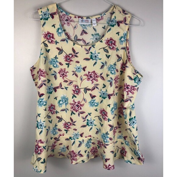 Denim & Co. Yellow Colorful Floral Peplum Sleeveless Blouse Size XL - Picture 1 of 8